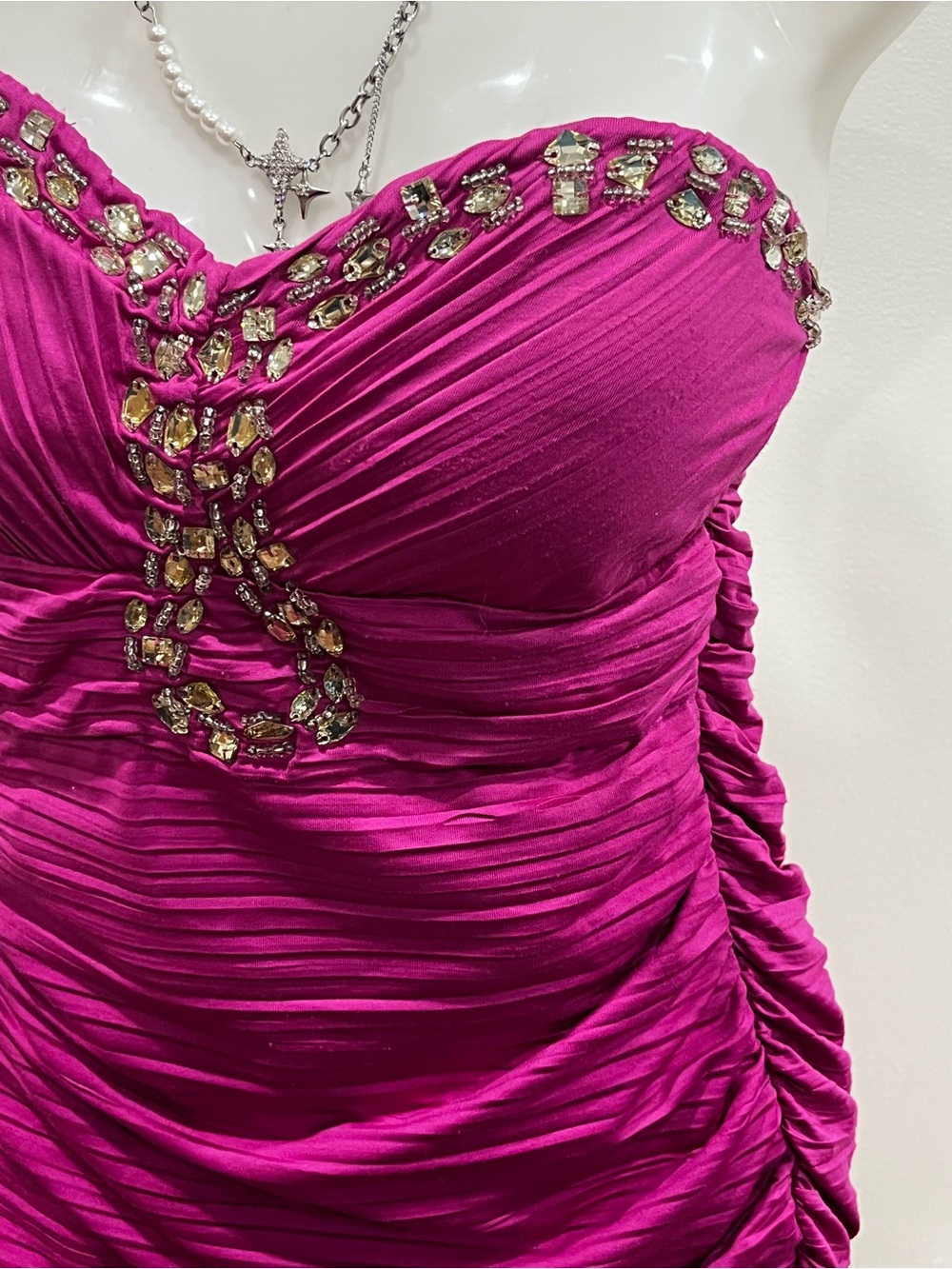 Strapless Ruched Fuchsia Cocktail Dress with Rhinestone Accent - Picture 4 of 6